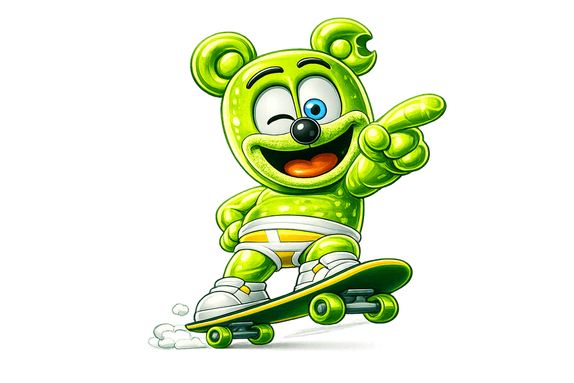 Gummibär on a skateboard